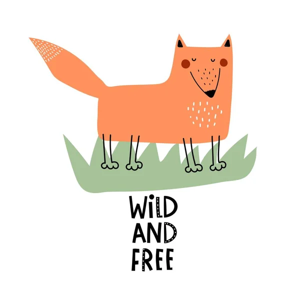 Wild Und Frei Cartoon Fox Handgezeichnete Schriftzüge Bunte Vektorillustration Für — Stockvektor