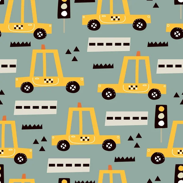 seamless pattern with cartoon taxi, decor elements. Colorful vector flat style for kids. hand drawing. baby design for fabric, print, wrapper, textile
