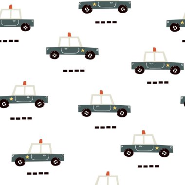 Çizgi film arabasında kusursuz desen, dekor elementleri. Çocuklar için renkli düz vektör tarzı. El çizimi. bebek tasarımı kumaş, baskı, ambalaj, tekstil