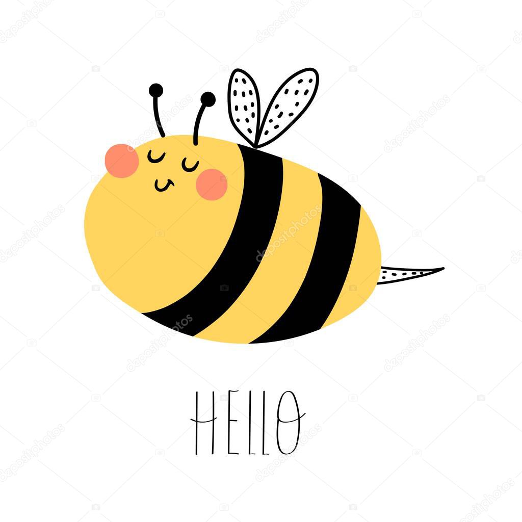 Hello. cartoon bee, hand drawing lettering. flat style, colorful vector illuatration for kids. baby design for cards, poster decoration, t-shirt print