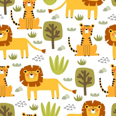 Aslanlar, kaplanlar ve dekor elementleriyle kusursuz desen. Çocuklar için renkli bir vektör. El çizimi, düz stil. bebek tasarımı kumaş, baskı, tekstil, ambalaj