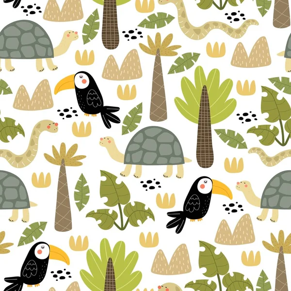 Patrón Sin Costuras Con Serpientes Dibujos Animados Tortugas Tucanes Palmas — Vector de stock
