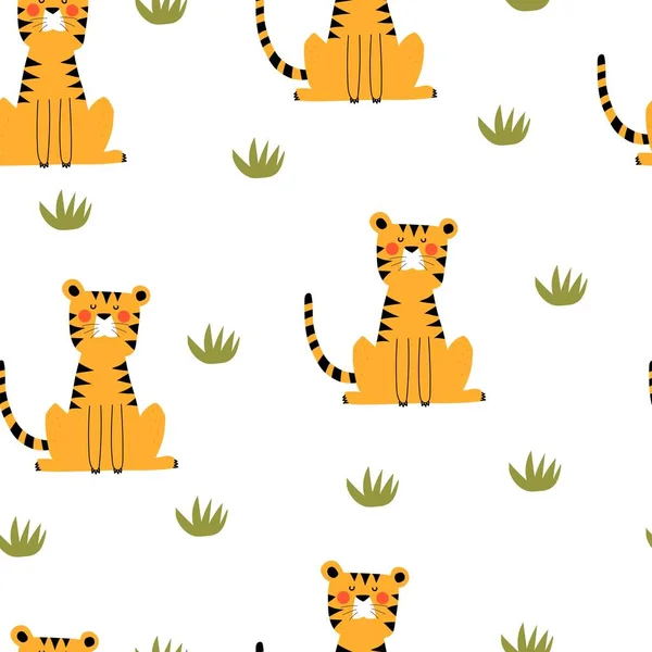 Nahtloses Muster Mit Tigern Dekorelementen Bunter Vektor Für Kinder Handzeichnung — Stockvektor