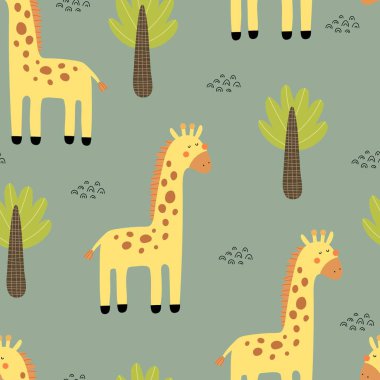 Çizgi film zürafasıyla kusursuz desen, dekor elementleri. Çocuklar için renkli bir vektör. El çizimi, düz stil. Kumaş, baskı, tekstil, ambalaj için bebek tasarımı