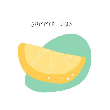 Yaz titreşimleri. Çizim limonu, el çizimi harfleri. Yaz rengarenk vektör çizimi, düz stil. Kartlar için dizayn, baskı, posterler, logo, kapak