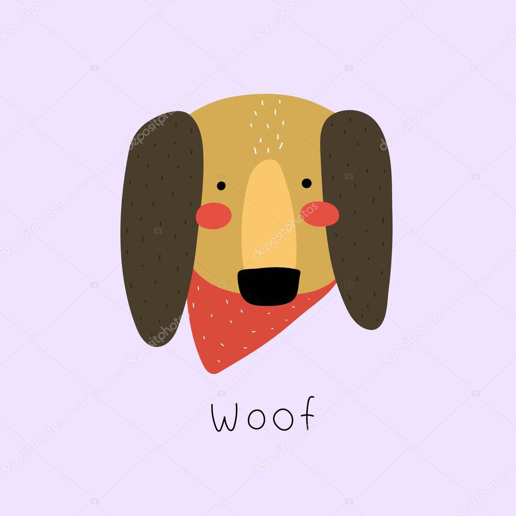 Woof. cartoon dog, hand drawing lettering . Colorful flat vector illustration for children. baby design for prints, posters, cards