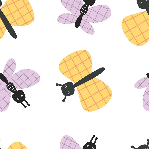 昆虫とのシームレスなパターン 子供のための夏のカラフルなベクトルフラットスタイル プリント ラッパーのためのベビーデザイン — ストックベクタ