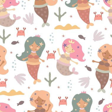 Çizgi filmlerdeki deniz kızları, yengeçler, deniz kabukları, balıklar. düz stil vektörü. Çocuklar için el çizimi. Deniz dünyası. bebek tasarımı kumaş, tekstil, baskı, ambalaj