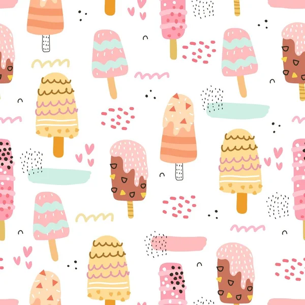 Summer Seamless Pattern Cartoon Ice Cream Decor Elements Colorful Vector — Stock Vector