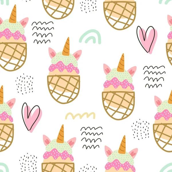 summer seamless pattern with cartoon ice cream, decor elements. colorful vector for kids, hand drawing flat style. baby design for fabric, print, textile, wrapper