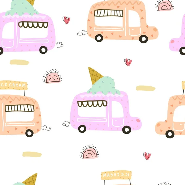 summer seamless pattern with cartoon ice cream car, decor elements. colorful vector for kids, hand drawing flat style. baby design for fabric, print, textile, wrapper