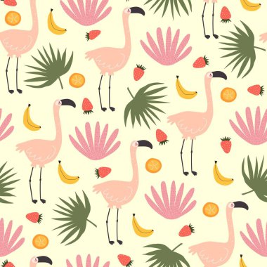 Flamingo, yaprak, meyve ve dekor elementleriyle kusursuz desen. Çocuklar için renkli bir vektör. El çizimi, düz stil. bebek tasarımı kumaş, baskı, tekstil, ambalaj
