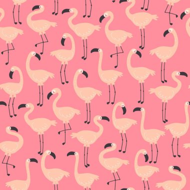 Şirin flamingoları olan kusursuz bir desen. El çizimi. Düz renkli vektör. Hayvan temalı. kumaş, tekstil, baskı, ambalaj için tasarım