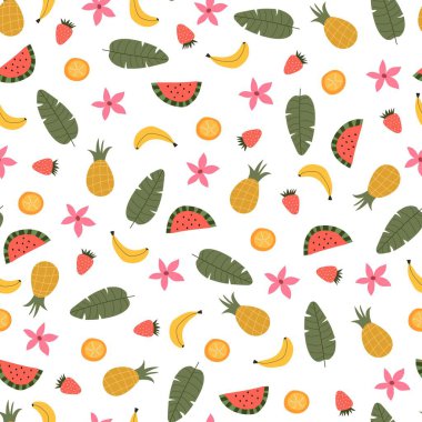 Yapraklı, meyveli, dekoratif elementli kusursuz tropikal desen. Renkli vektör, düz stil. Kumaş, baskı, tekstil, ambalaj için orman yaz tasarımı.