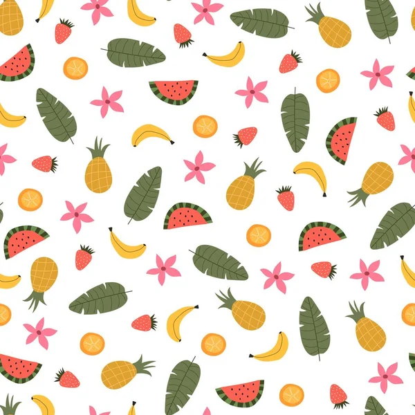 Patrón Tropical Sin Costuras Con Hojas Frutas Elementos Decorativos Colorido — Vector de stock