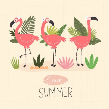 Yaz aşkı. Flamingo çizgi filmi, el çizimi harfleri, dekor elementleri. Yaz rengarenk vektör çizimi, düz stil. Kartlar için dizayn, baskı, posterler, logo, kapak