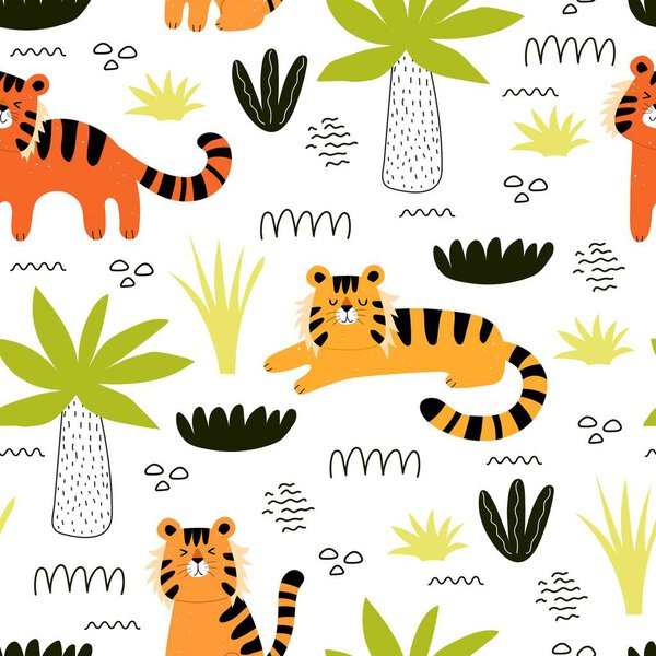 Seamless pattern with tigers, plants, decor elements. colorful vector for kids. hand drawing, flat style. baby design for fabric, print, textile, wrapper