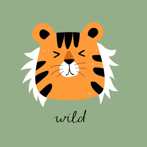 Wild Cartoon Tiger Hand Drawing Lettering Flat Style Colorful Vector — Stok Vektör