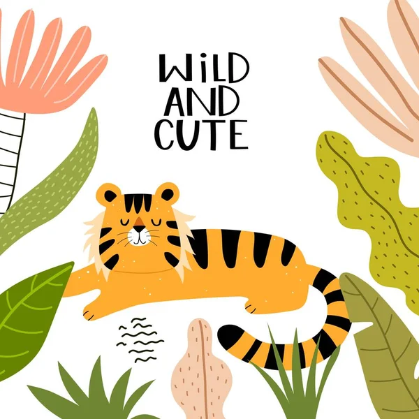 Salvaje Lindo Tigre Dibujos Animados Letras Dibujo Mano Estilo Plano — Vector de stock