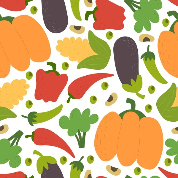 Nahtloses Muster Mit Cartoon Gemüse Dekorelementen Bunter Vektor Handzeichnung Flacher — Stockvektor
