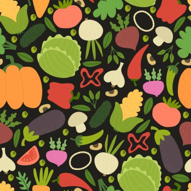 Çizgi film sebzeleri ve dekor elementleriyle kusursuz desen. Renkli vektör. El çizimi, düz stil. kumaş, baskı, tekstil, ambalaj için tasarım