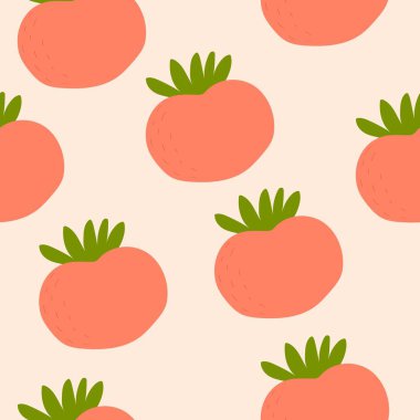 Çizgi film domatesi ile kusursuz desen. Renkli vektör. El çizimi, düz stil. kumaş, baskı, tekstil, ambalaj için tasarım