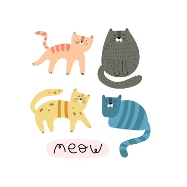 Miyav. Kedi çizgi film seti, el çizimi harfleri. Çocuklar için renkli düz vektör çizimi. bebek tasarımı kartlar, baskılar, posterler, kapak