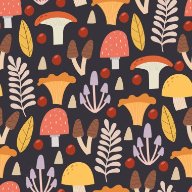 Mantarlı kusursuz desen. Çocuklar için renkli vektör düzlüğü. El çizimi. bebek tasarımı kumaş, baskı, ambalaj