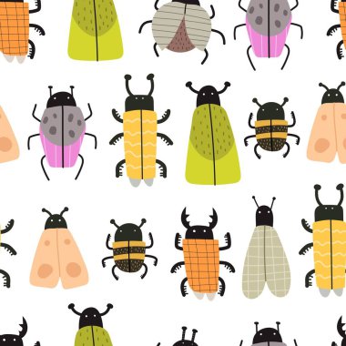 Böceklerde pürüzsüz desen. Çocuklar için renkli yaz vektörü, düz stil. Kumaş, tekstil, baskı ve ambalaj için bebek tasarımı.