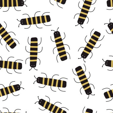 Böceklerde pürüzsüz desen. Çocuklar için renkli yaz vektörü, düz stil. Kumaş, tekstil, baskı ve ambalaj için bebek tasarımı.