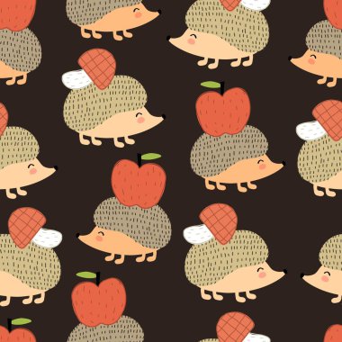 Çizgi filmdeki kirpilerle kusursuz desen, elma. Çocuklar için renkli bir vektör, düz stil. Kumaş, tekstil, baskı ve ambalaj için bebek tasarımı.