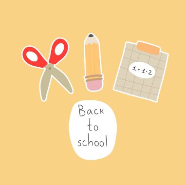 Okula dönüyorum. Tematik unsurları olan, el çizimi harfleri olan çocuklar için bir çizgi film seti. Renkli vektör çizimi, düz stil. Kartlar için dizayn, baskı, poster, kapak