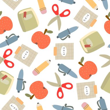 Okul unsurlarıyla kusursuz bir düzen. Renkli vektör düz stili. El çizimi. Kumaş, baskı, ambalaj, tekstil tasarımı