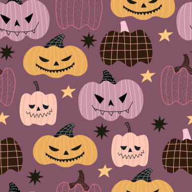 Çizgi balkabaklarıyla kusursuz Cadılar Bayramı deseni, dekorasyon unsurları. Renkli vektör düz stili. Tatil teması. El çizimi. Kumaş, baskı, ambalaj, tekstil tasarımı