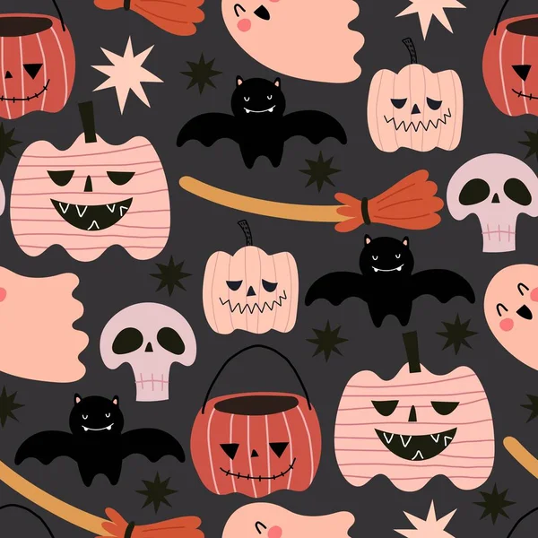 Halloween Zökkenőmentes Minta Rajzfilm Sütőtök Denevér Szellem Koponya Dekorációs Elemek — Stock Vector
