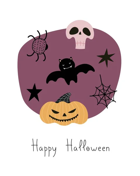 Boldog Halloweent Rajzfilm Tök Denevér Koponya Pók Kézrajz Betűk Díszítő — Stock Vector