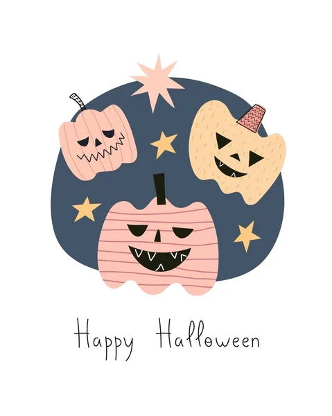 Boldog Halloweent Rajzfilmfigurák Csillagok Kézrajzoló Betűk Díszítő Elemek Színes Vektor — Stock Vector