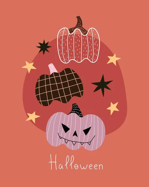 Halloween Van Rajzfilmfigurák Kézrajzoló Betűk Díszítő Elemek Színes Vektor Illusztráció — Stock Vector
