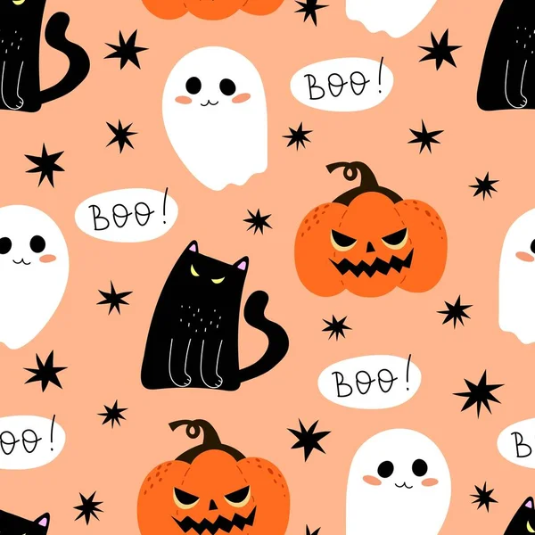 Patrón Sin Costuras Halloween Con Gato Dibujos Animados Fantasma Calabaza — Vector de stock