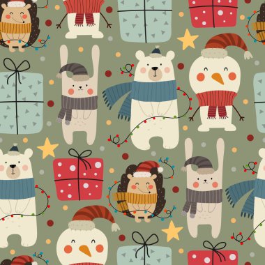 Çizgi film kutup ayısı, kirpi, tavşan, mevcut dekor elementleriyle kusursuz tatil deseni. Çocuklar için renkli bir vektör, düz stil. El çizimi. Kumaş, tekstil, baskı ve ambalaj için bebek tasarımı.