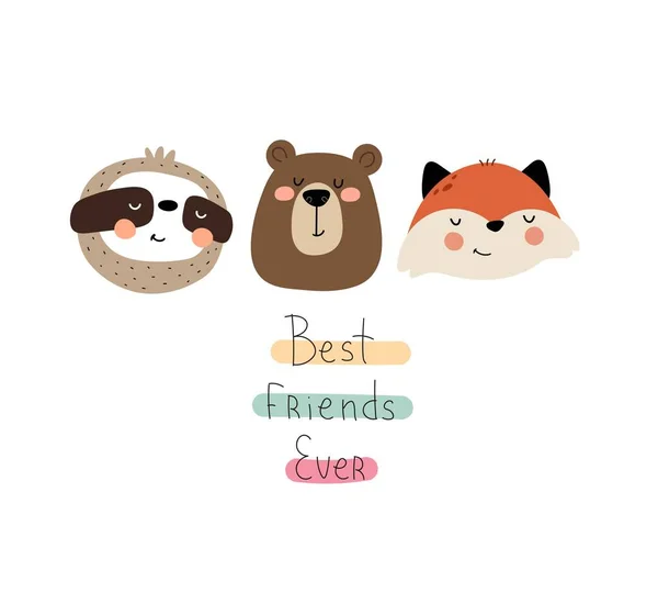 Best Friends Ever Cute Cartoon Sloth Bear Fox Hand Drawing — Stock Vector