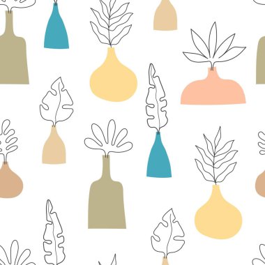 Farklı şekillerde, yapraklarda, vazoda kusursuz desenler. Soyut elementler, renkli vektörler. El çizimi, düz stil. kumaş, baskı, tekstil, ambalaj için tasarım