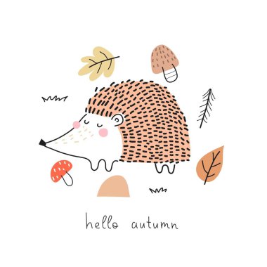 Merhaba sonbahar. Kirpi çizgi filmi, el çizimi harfleri, dekoratif elementler. Çocuklar için renkli vektör çizimi, düz stil. Kartlar için bebek tasarımı, tişört baskısı, poster