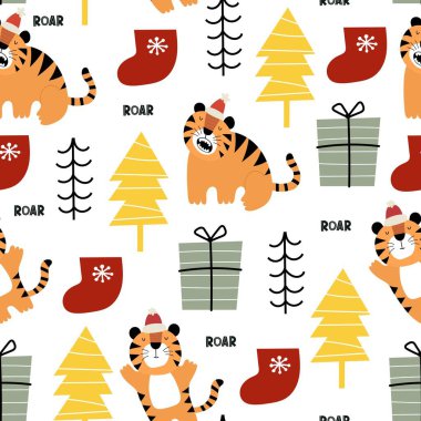 Kaplan, ağaç, mevcut çorap ve dekorasyon elementleriyle kusursuz bir tatil deseni. Mutlu noeller. Renkli vektör, düz stil. kumaş, baskı, ambalaj için dizayn