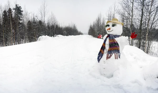 O boneco de neve está sozinho na beira da estrada . — Fotografia de Stock