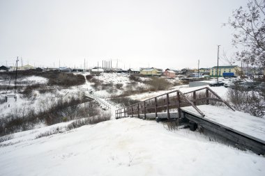 Taz köyü Tahta kaldırımda. Yamal Yarımadası.