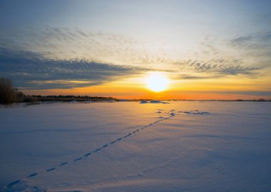 Yol ve kar ayak izleri ile günbatımı kış parlak güneşe.