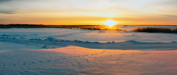 Felle zon zonsondergang in de winter met grote sneeuw driften. — Stockfoto