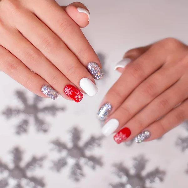 Close View Beautiful Female Hands Winter Manicure Nails Red Silver — Stock Photo, Image