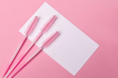 Kaş ve kirpiklerin pembe arkaplan üzerindeki fırça ve kirpiklerinin görüntüsünü metin için yer ile kapat